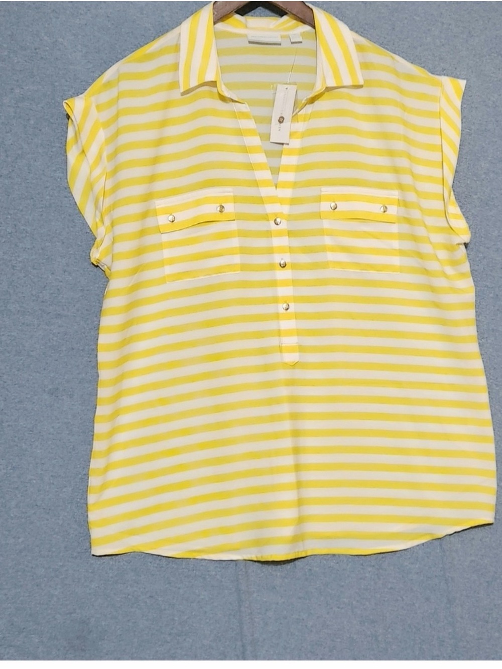 New York & Company Yellow & White Striped Notch V Blouse